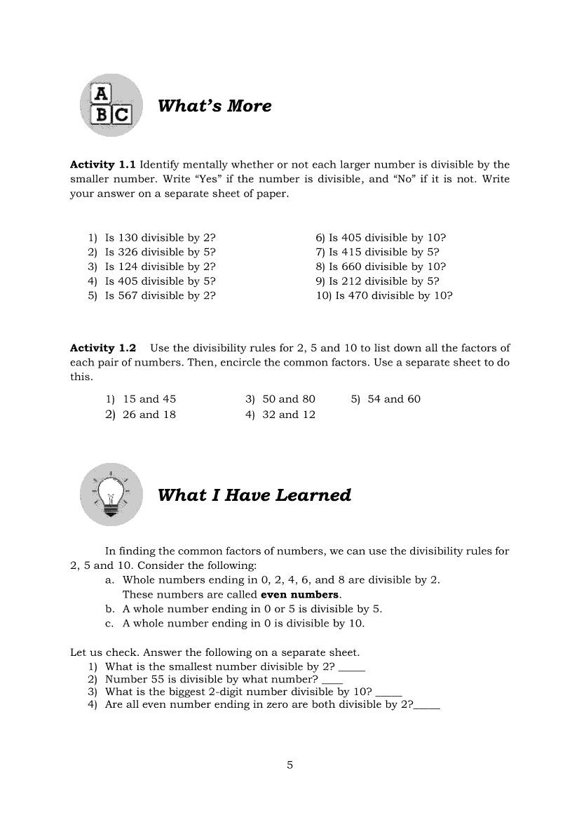 Math 5 Module 1 Divisibility Rules For 2 5 And 10 Grade 5 Modules
